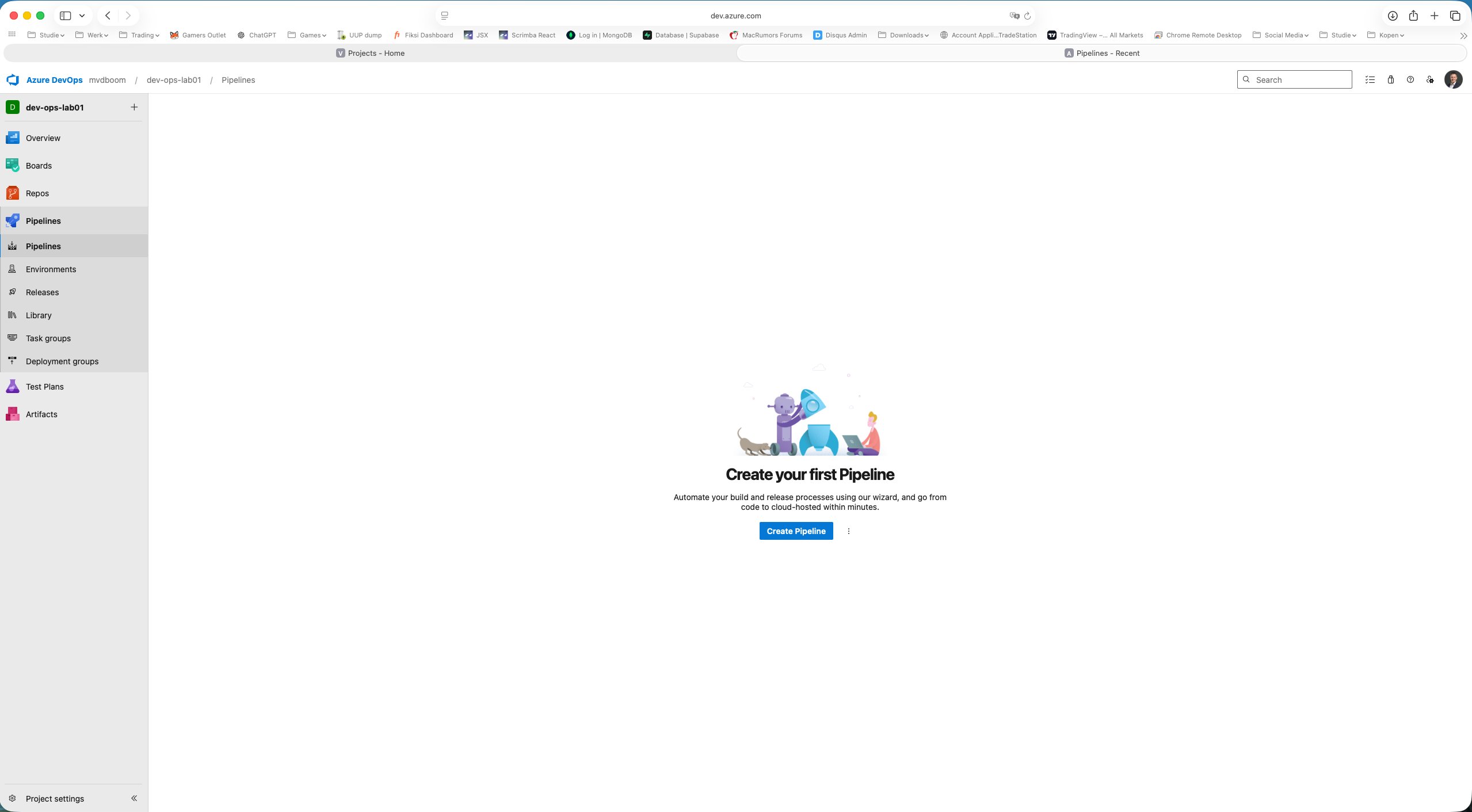 Lege Pipelines-pagina met Create Pipeline knop