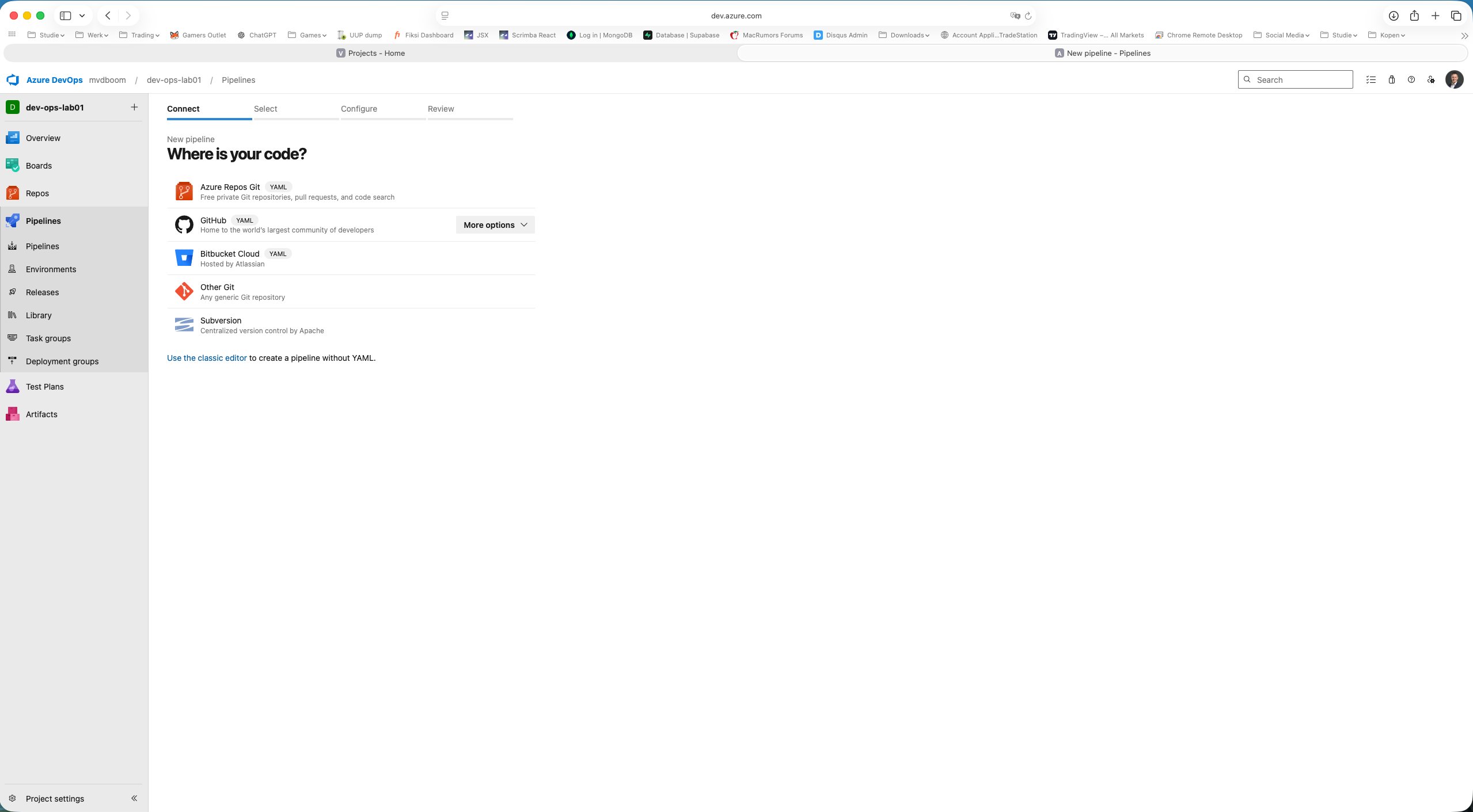Pipeline wizard stap 1: bronkeuze