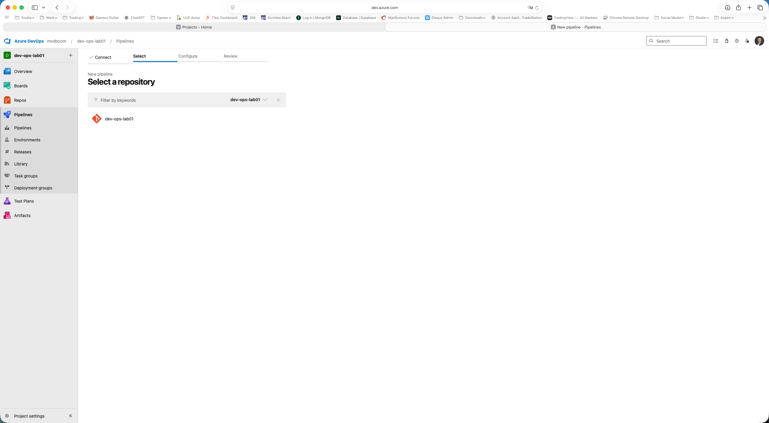 Pipeline wizard stap 2: repository selecteren