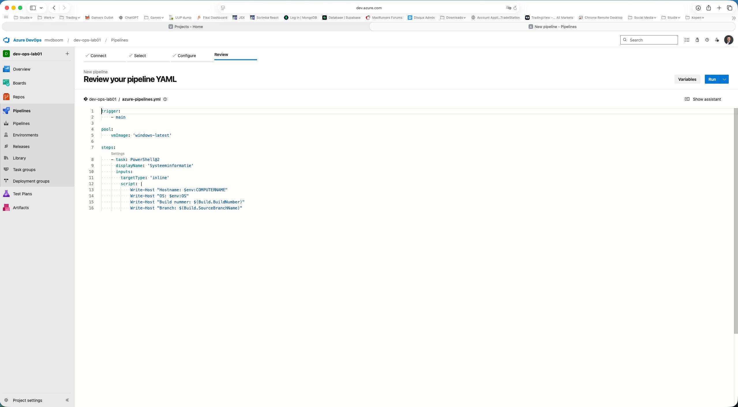 Pipeline wizard stap 4: YAML review met eigen code
