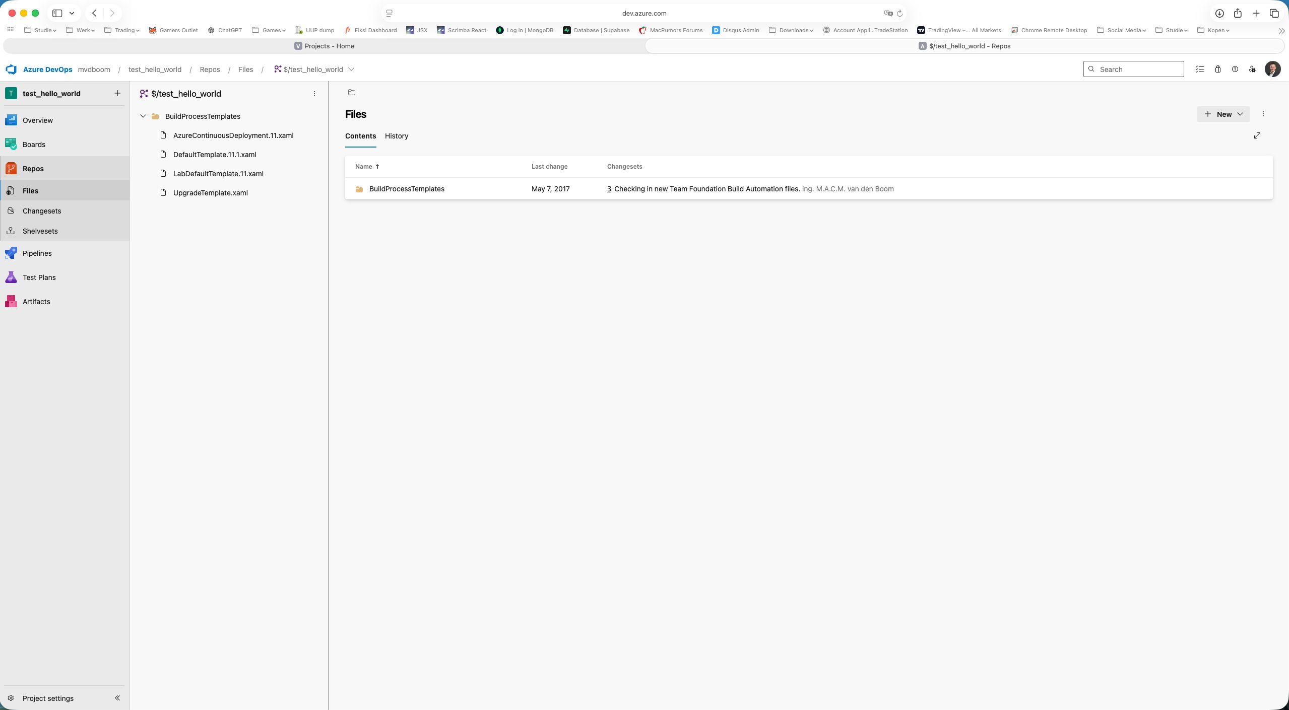 TFVC repo met dollar-teken pad en changesets in de sidebar