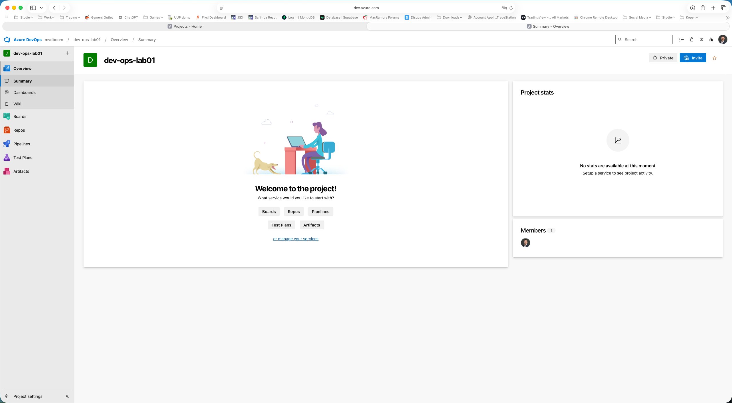 Leeg dev-ops-lab01 project met de vijf ADO-services zichtbaar