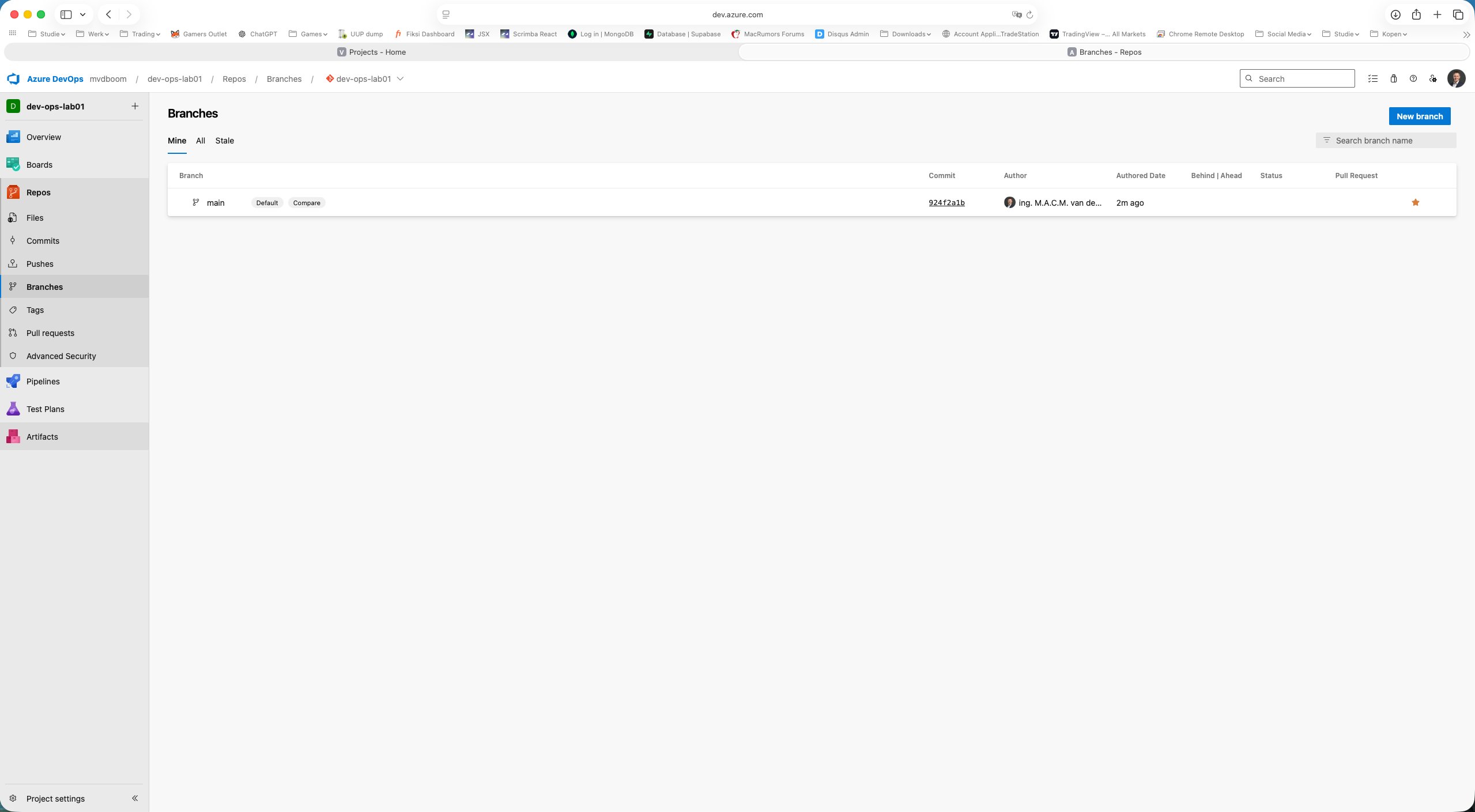 Branches-overzicht met main als Default branch