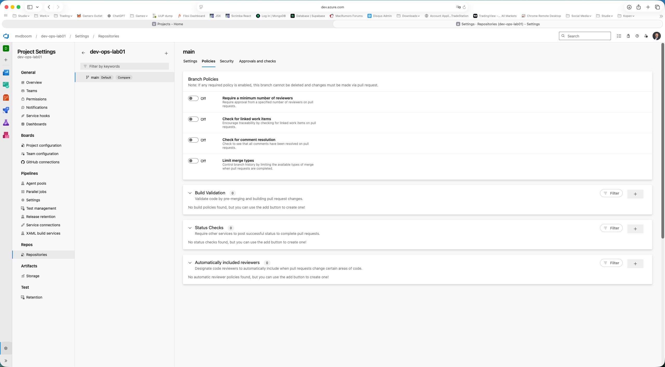 Branch policies pagina voor main, alle toggles uit