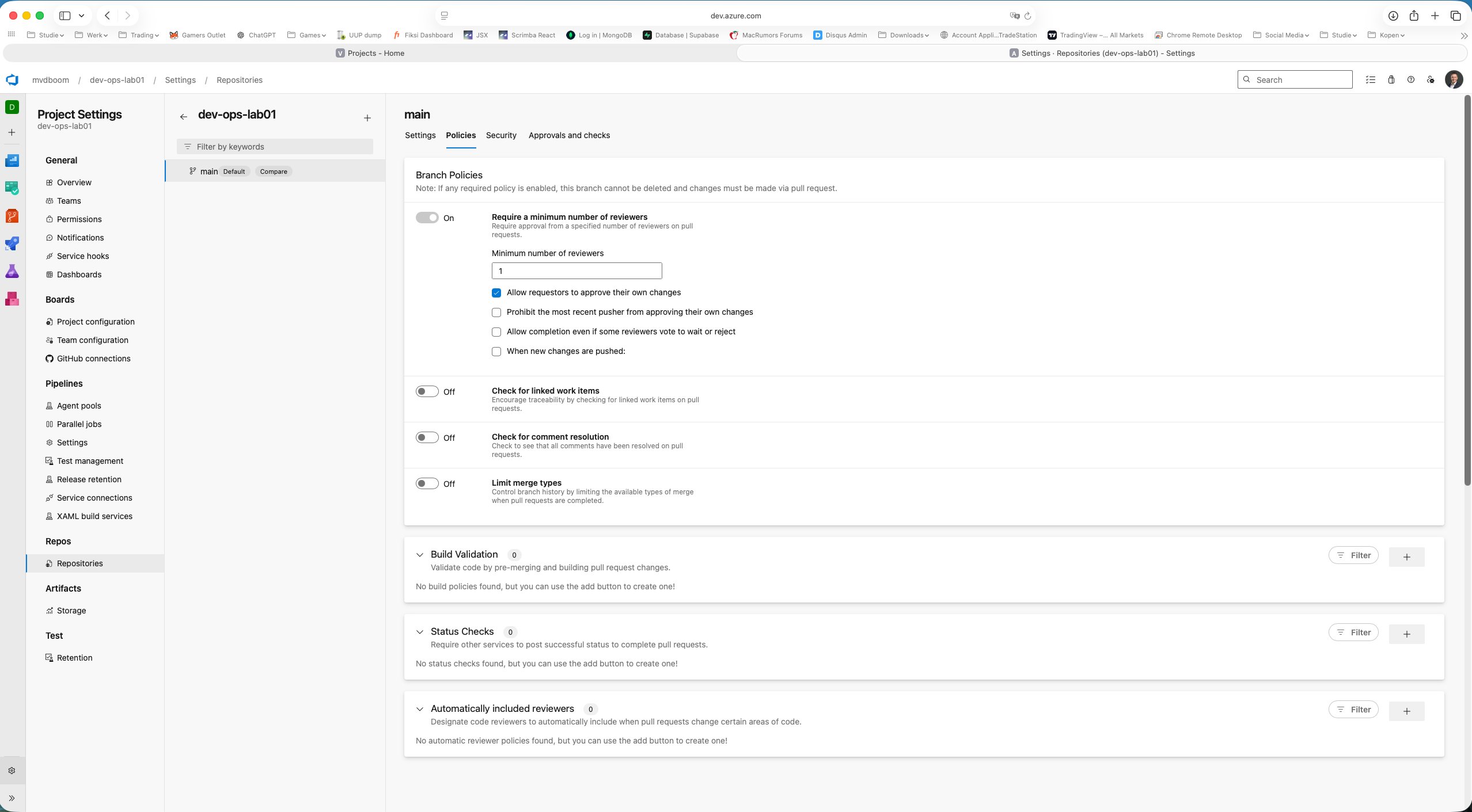 Reviewer-policy ingesteld op 1, eigen approval toegestaan