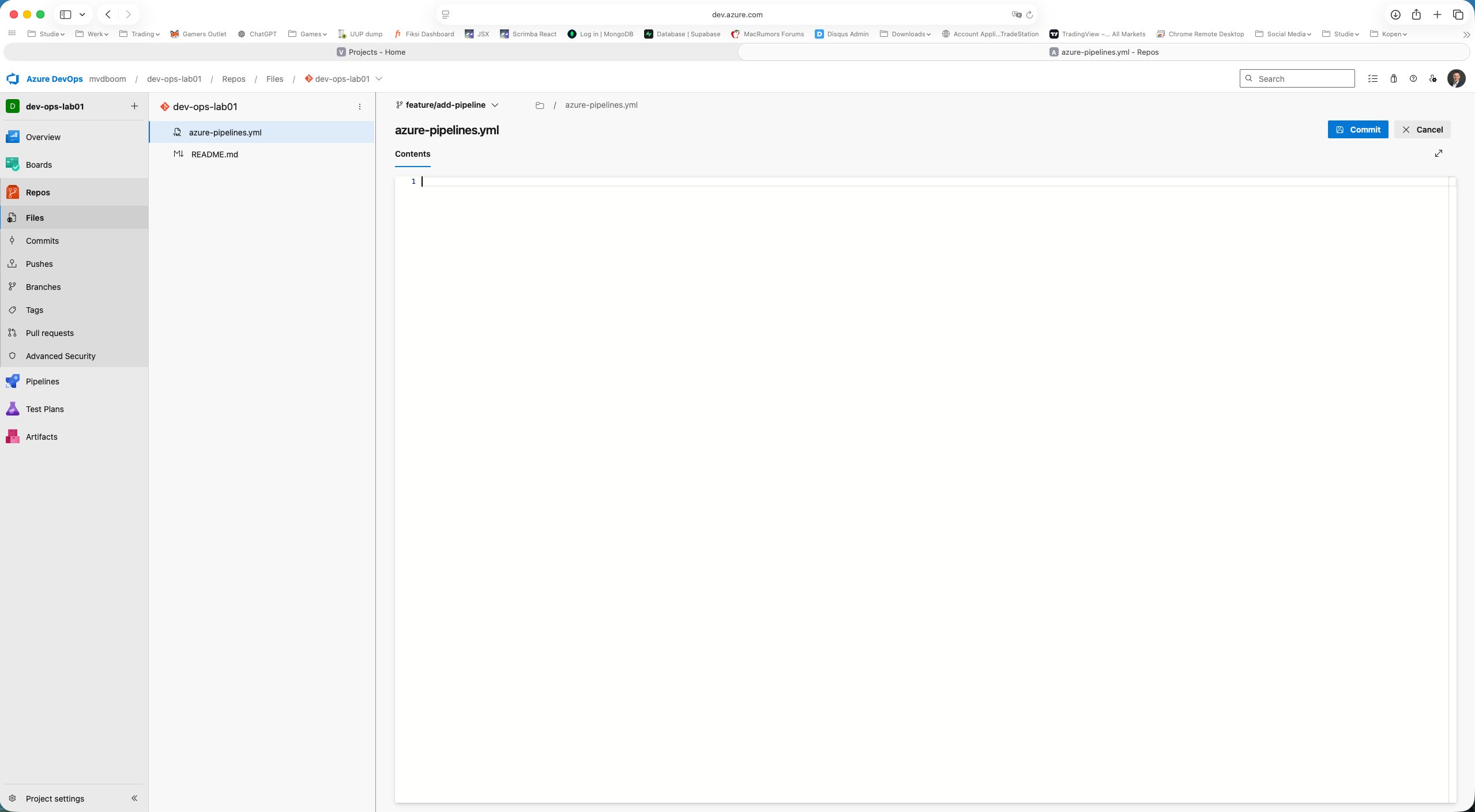 Lege bestandseditor voor azure-pipelines.yml