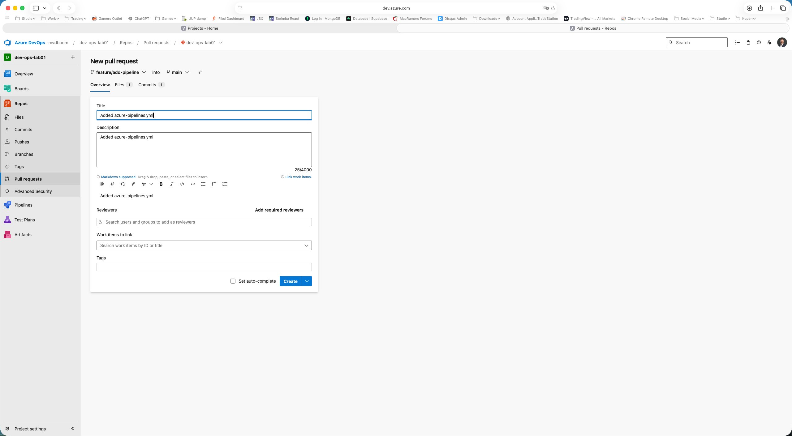 Nieuw PR-formulier met titel, beschrijving en reviewervelden