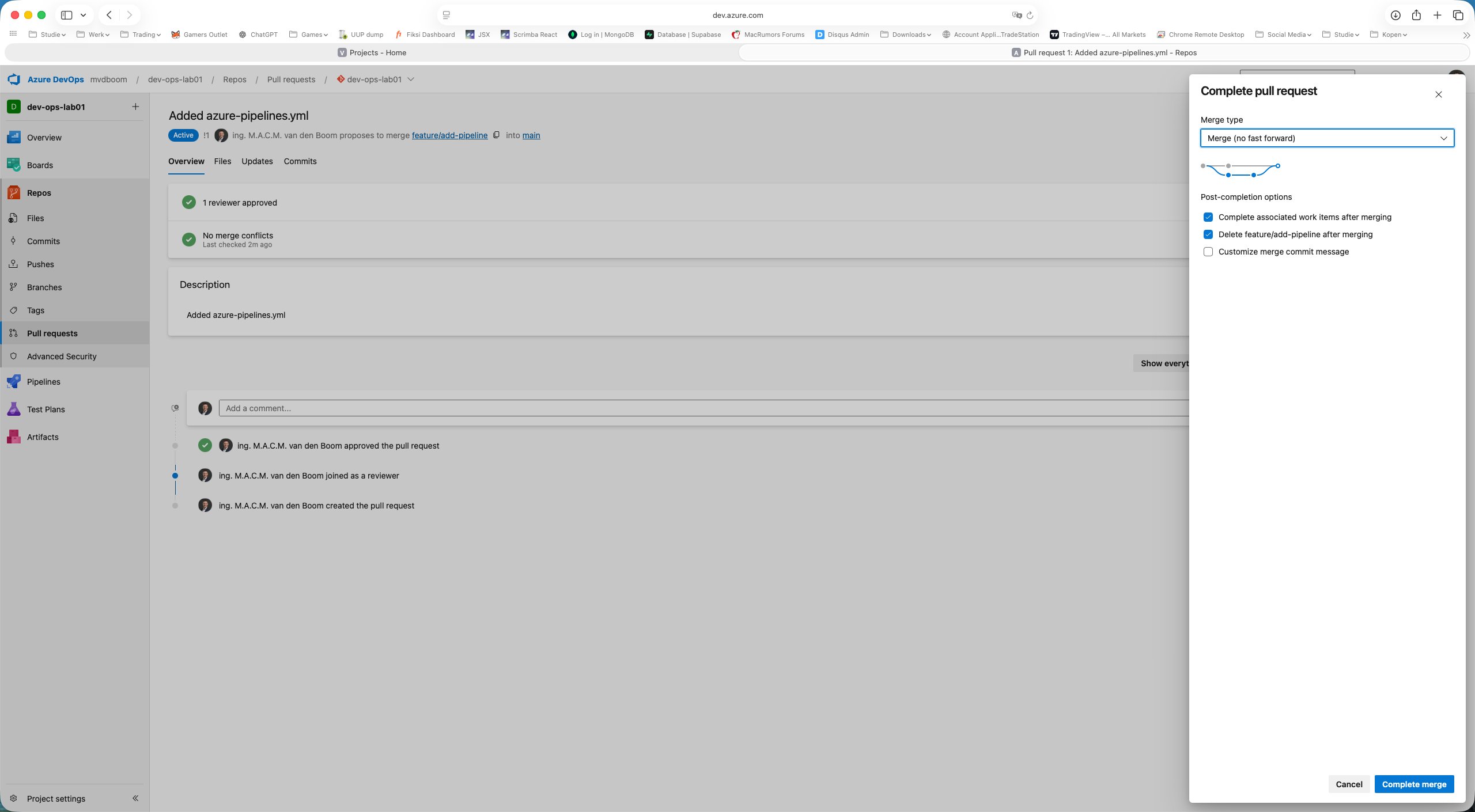 Complete merge dialoog met merge-type dropdown