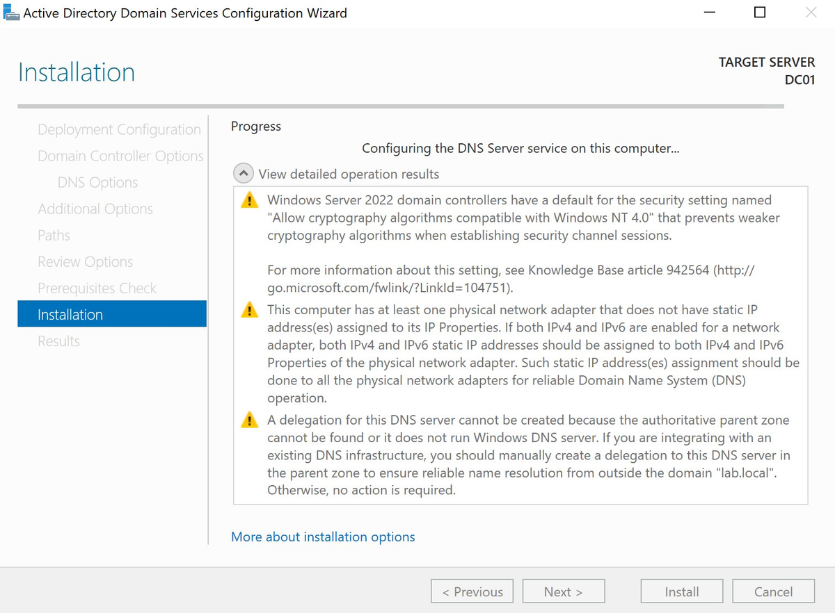 Installation — DNS wordt geconfigureerd