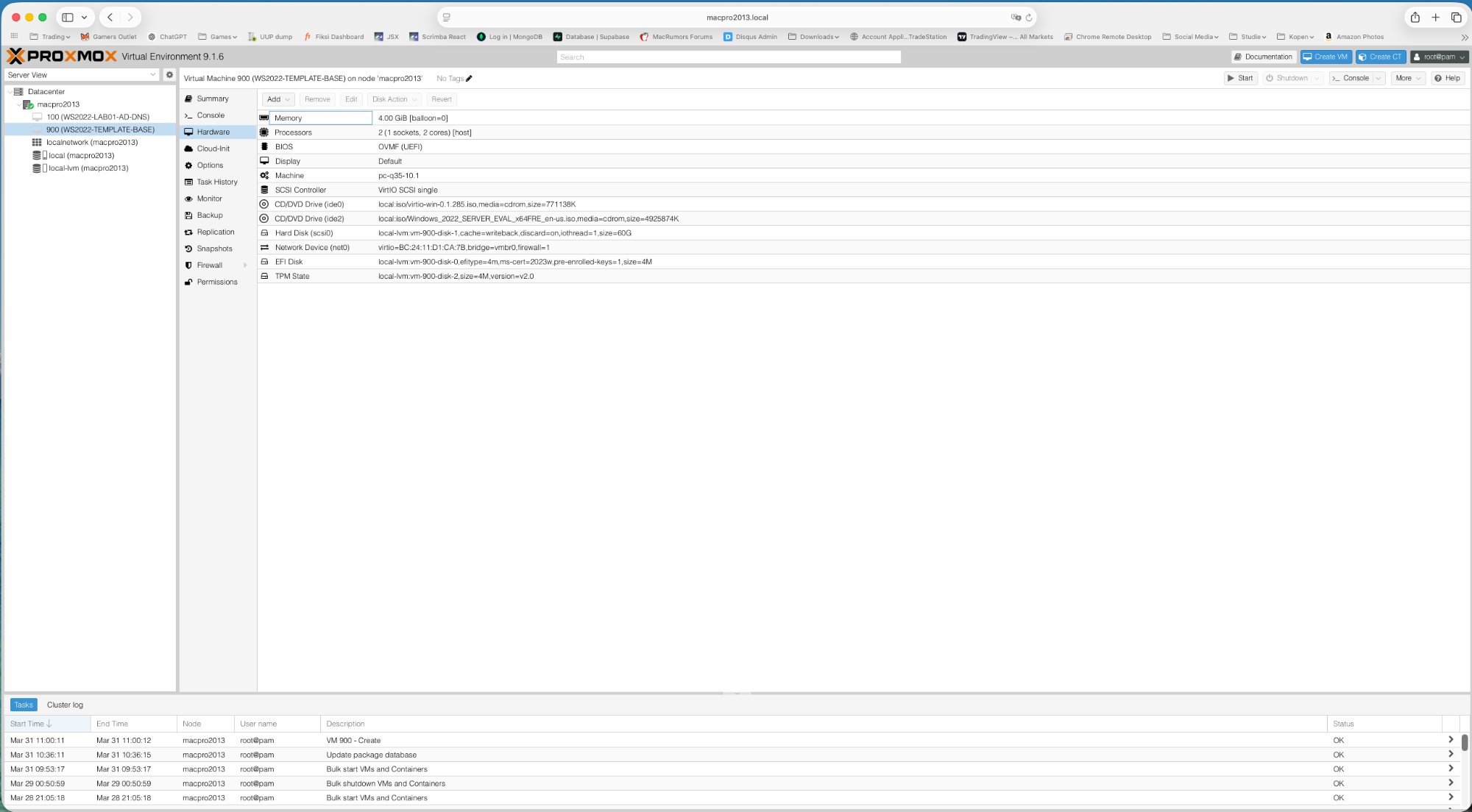 Proxmox Hardware tab VM 900 — correcte configuratie